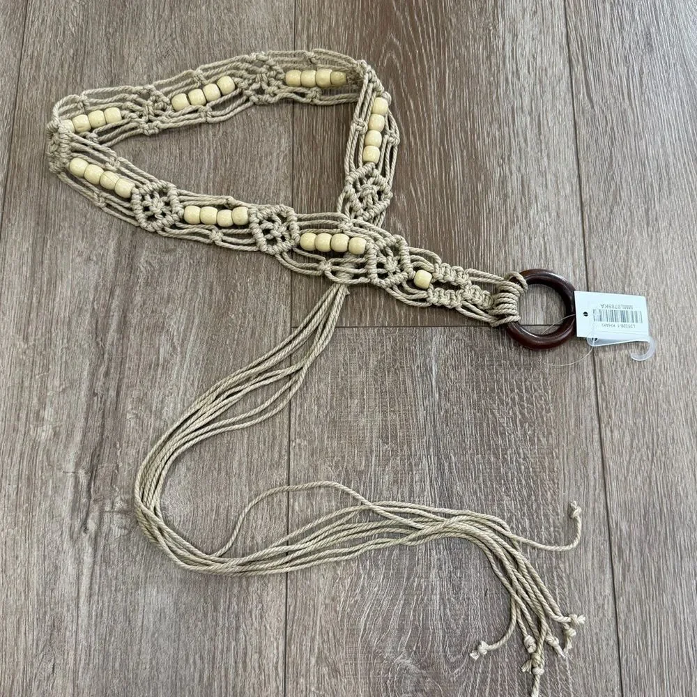 S O L D : Macrame Woven Rattan Straw Rope Braid Waist Belt O-Ring Wooden Buckle - Picture 2 of 15